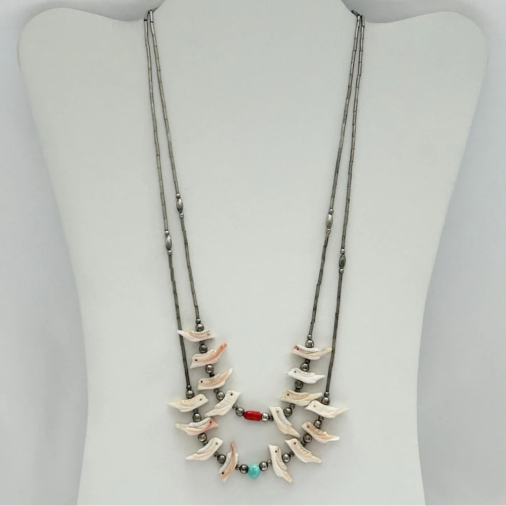 Vintage Southwestern Two Strand Fetish Turquoise Coral Sterling Silver Necklace - Picture 4 of 13